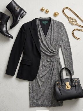 Lauren Ralph Lauren Grey Faux Wrap Midi Dress 0P NWOT